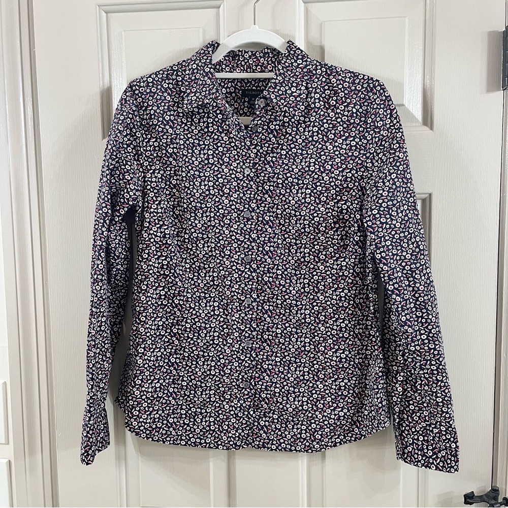 Talbots womens classic button down size 10 navy red white floral ditzy preppy